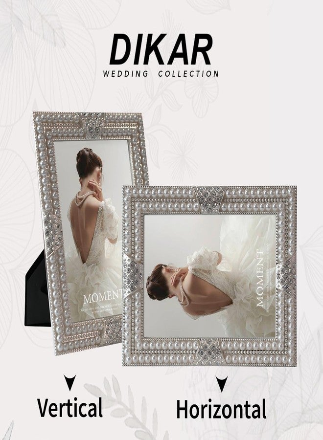 DIKAR إطار صور ديكار 5x7 مزين باللؤلؤ للأزواج، إطارات صور زفاف للعرض الأفقي والرأسي على سطح الطاولة (كريمي) - Image 2
